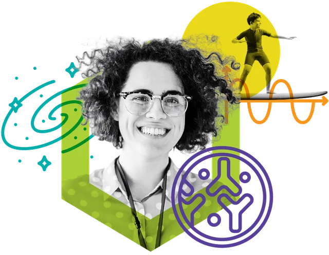Female educator wearing glasses and a child riding a surf board, overlaid with scientific illustrations of a galaxy, microbiology and a wave